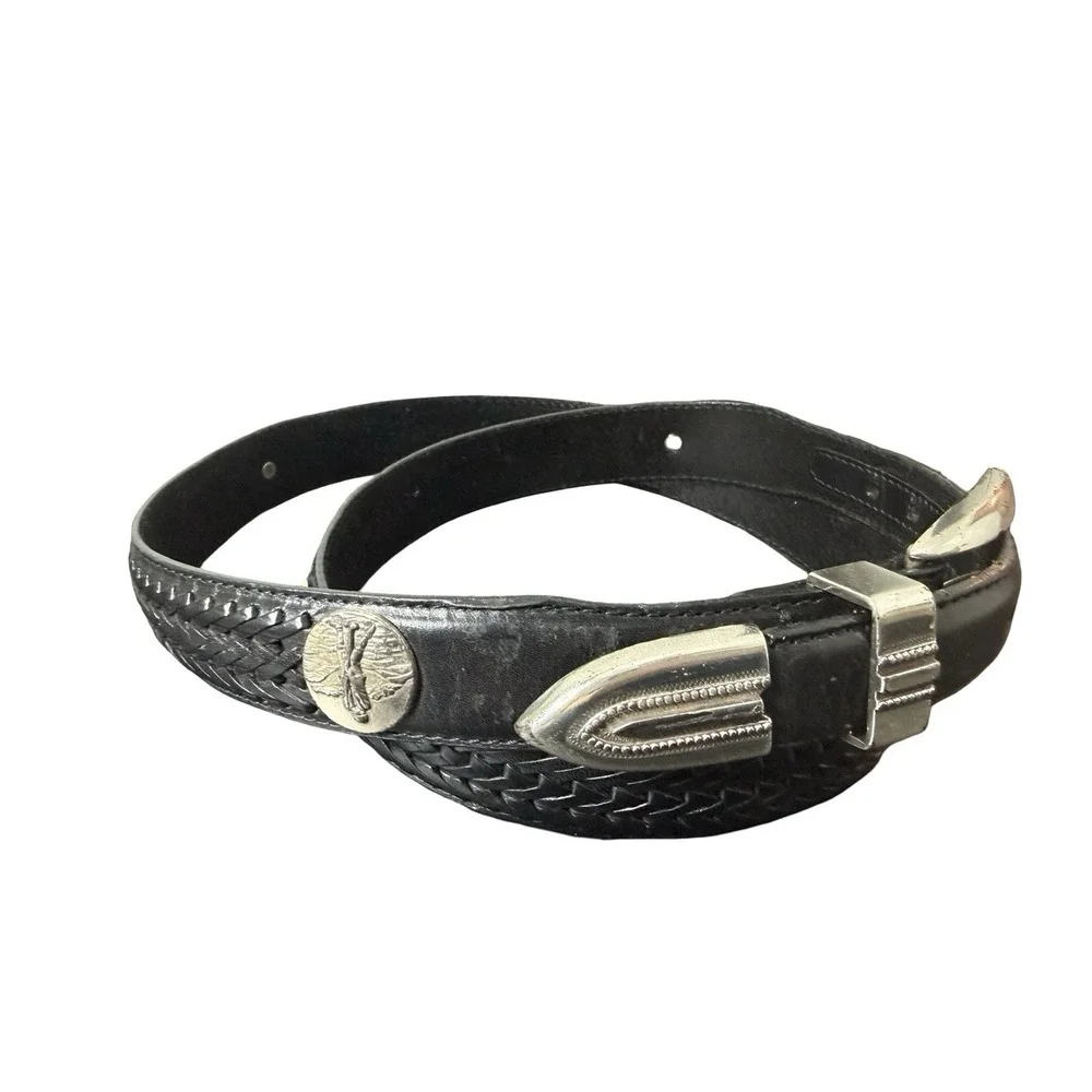 Vintage Brighton Onyx Black Leather Silver Golf Motif Men's 42 Style 11503